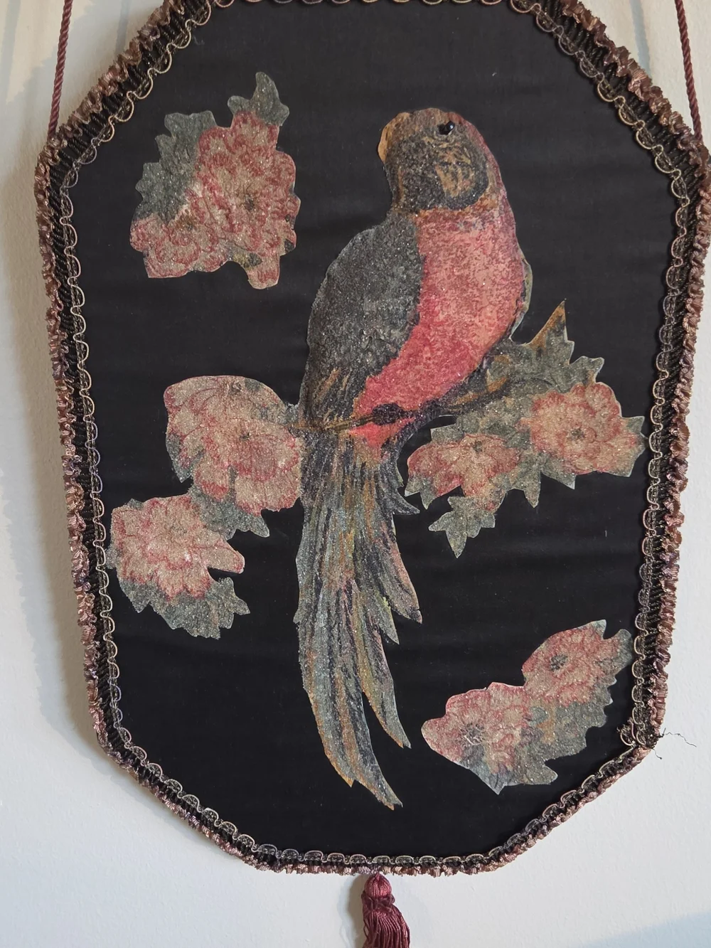 Decorative Black Velvet Bird Wall Hanging with Pink and Brown Embroidery